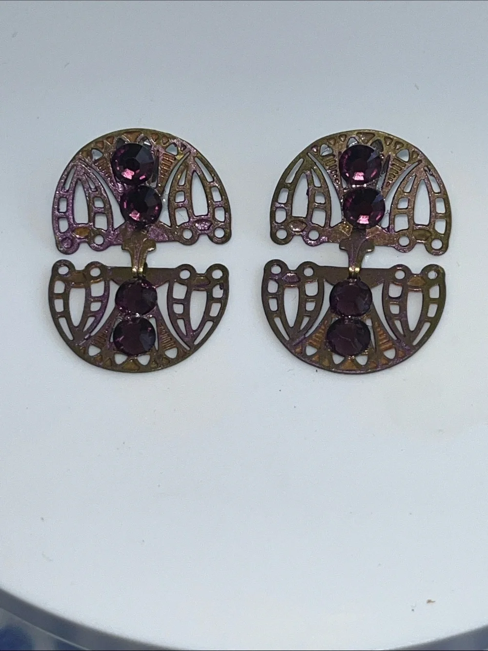 Purple/Pink Iridescent Art Deco Filigree Stud Earrings with Purple Stones